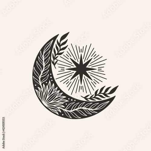 Moon crescent flower mandala.Astrology boho witch symbol amulet.Sacred mystic decoration trendy style