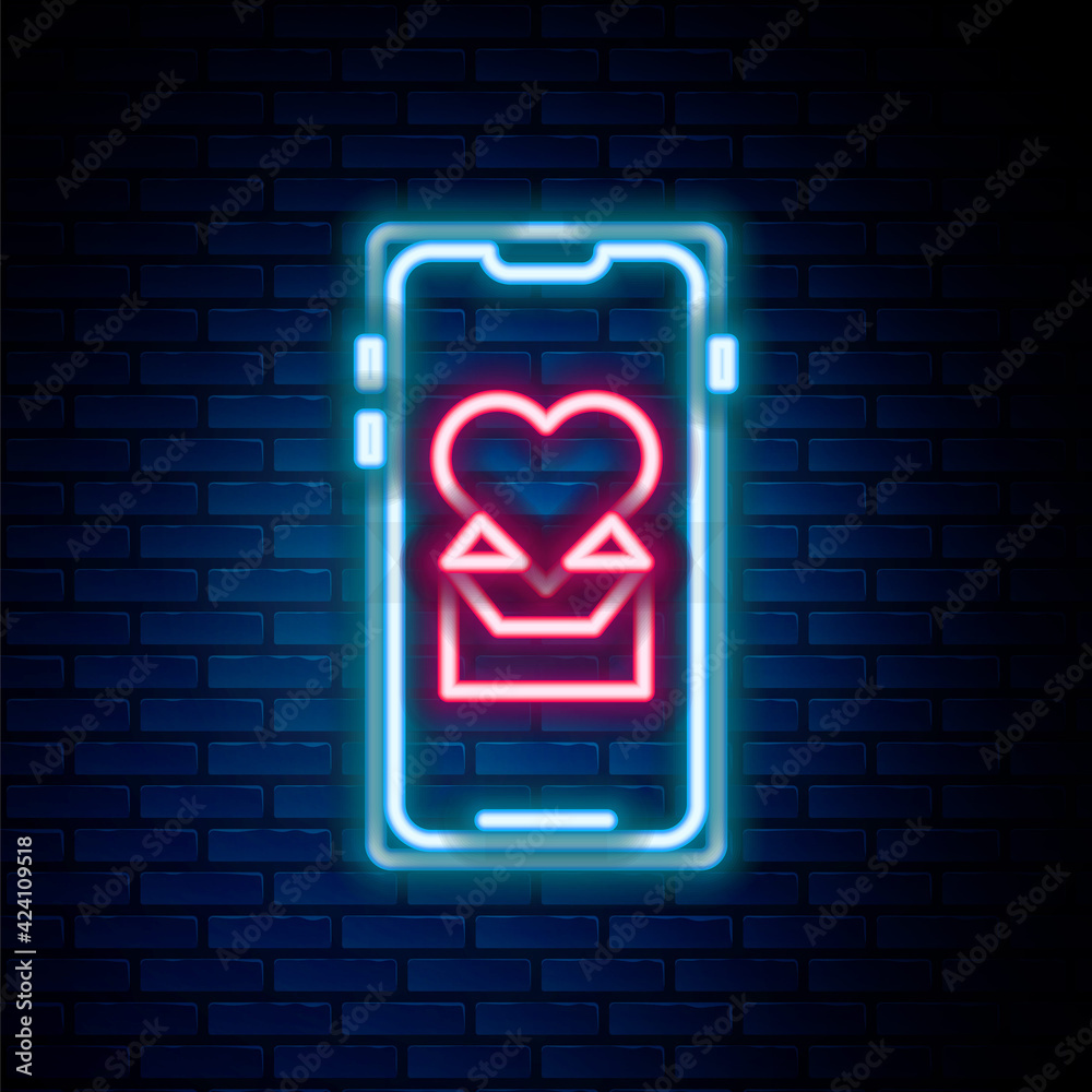 Glowing neon line Mobile phone with heart icon isolated on brick wall background. Valentines day. Colorful outline concept. Vector Glowing neon line Mobile phone with heart icon isolated on brick wall background. Valentines day. Colorful outline concept. Vector
