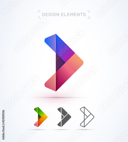 Arrow sign. Abstract play button logo design. Origami, vector, 3d style