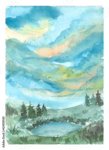 Wallpaper Mural hand painting landscape with lake and dramatic sky watercolor background Torontodigital.ca
