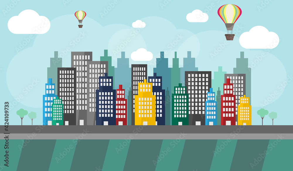 Smart City.Urban Building Landscape with Colorful Hot Air Balloons, cloud and tree on Light Blue Background.