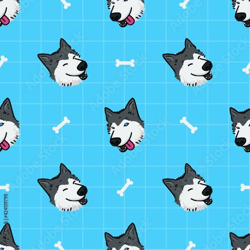 Siberian husky funny face seamless pattern vector illustration. Lovely dog on blue grid background