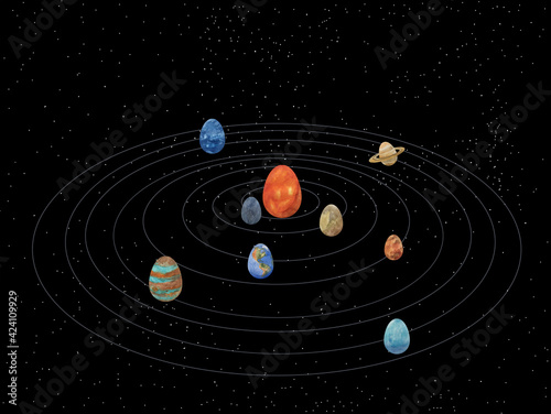 Digital illustration Easter solar system with egg planets on the background of the starry universe for greeting cards.