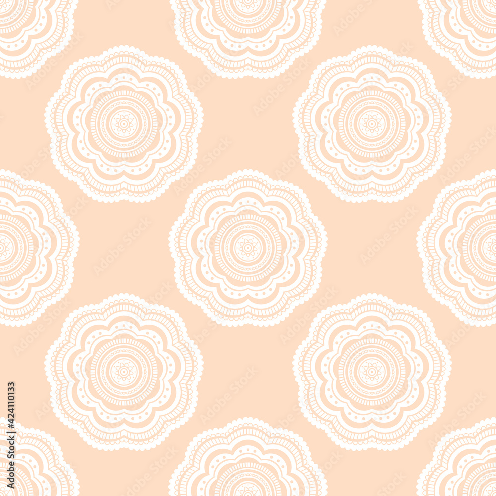 Seamless pattern of mandala flowers on a light orange background Seamless pattern of mandala flowers on a light orange background