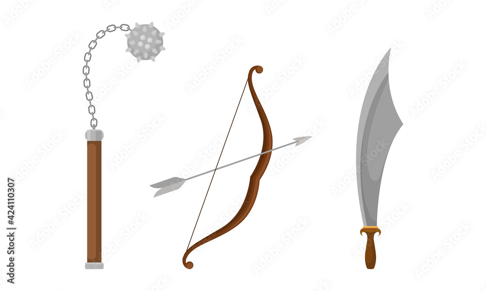 Medieval Cold Steel Arms or Blade Weapon with Morningstar and Dagger Vector Set Medieval Cold Steel Arms or Blade Weapon with Morningstar and Dagger Vector Set