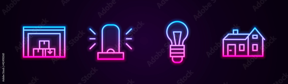 Set line Warehouse, Flasher siren, Light bulb and House. Glowing neon icon. Vector Set line Warehouse, Flasher siren, Light bulb and House. Glowing neon icon. Vector