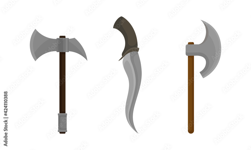Medieval Cold Steel Arms or Blade Weapon with Hatchet and Dagger Vector Set Medieval Cold Steel Arms or Blade Weapon with Hatchet and Dagger Vector Set