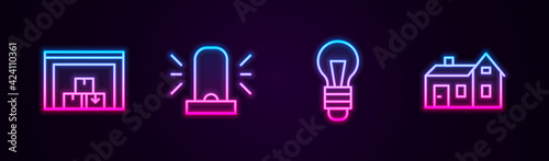 Set line Warehouse, Flasher siren, Light bulb and House. Glowing neon icon. Vector