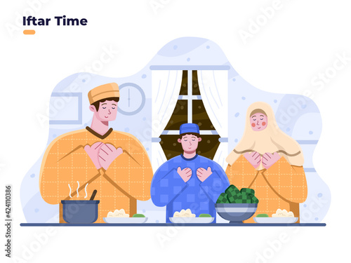 Iftar party with family illustration with people praying before iftar together. Ramadan Iftar dinner together. Muslim person starting iftar eating. Ramadan month activities. Buka puasa bersama