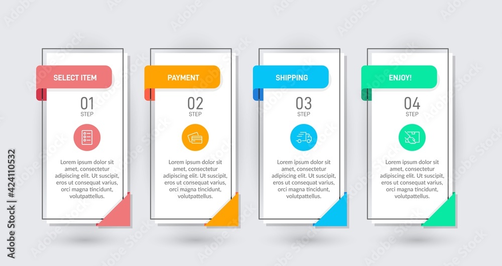 Concept of shopping process with 4 successive steps. Four colorful graphic elements. Timeline design for brochure, presentation, web site. Infographic design layout.