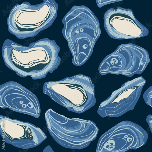 Decorative vector seamless pattern with tasty fresh oysters.