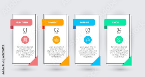 Concept of shopping process with 4 successive steps. Four colorful graphic elements. Timeline design for brochure, presentation, web site. Infographic design layout.