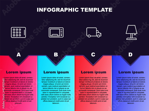 Set line Graphic tablet, Microwave oven, Delivery cargo truck and Table lamp. Business infographic template. Vector