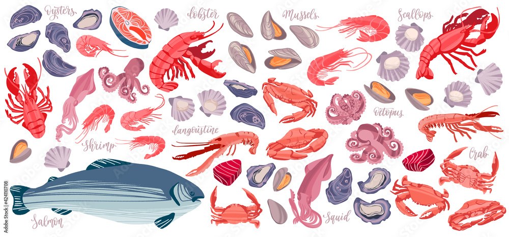 Seafood big set. Sea creatures shrimps, lobsters, salmon, mussels, crabs, scallops, oysters and ...