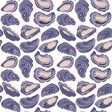 Decorative vector seamless pattern with tasty fresh oysters.