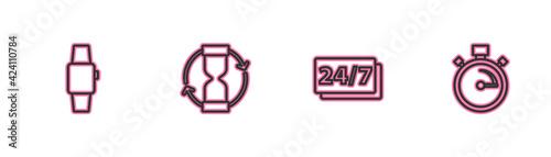 Set line Smartwatch, Clock 24 hours, Old hourglass and Stopwatch icon. Vector