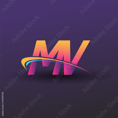 initial letter MV logotype company name colored blue, yellow and magenta swoosh design. vector logo for business and company identity.