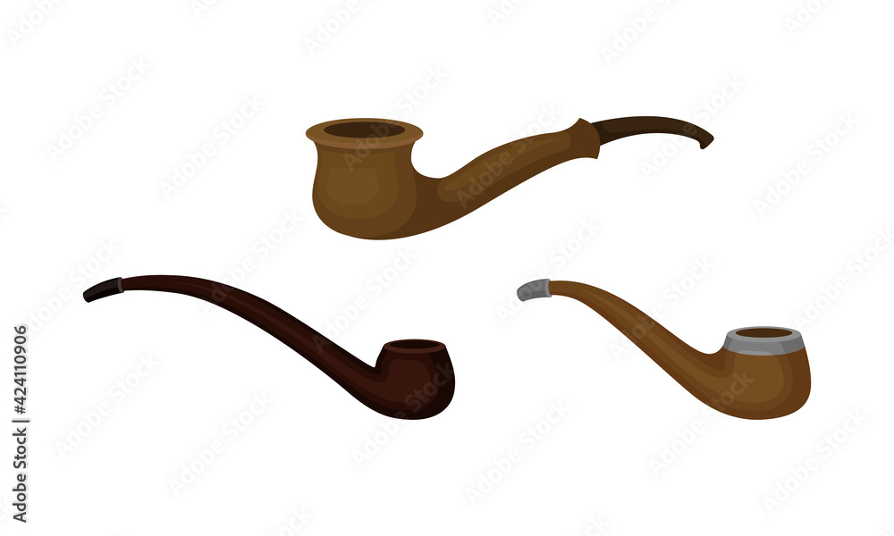 Smoking Pipes Made of Wood and Metal Vector Set Smoking Pipes Made of Wood and Metal Vector Set