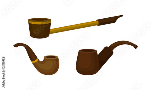 Smoking Pipes Made of Wood and Metal Vector Set