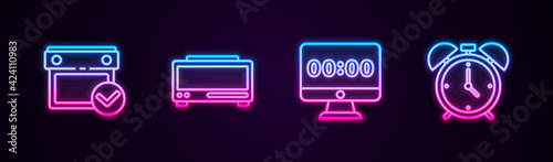 Set line Calendar with check mark, Digital alarm clock, Clock on monitor and Alarm. Glowing neon icon. Vector