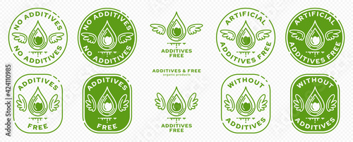 Concept for product packaging. Labeling - no additives. Drop with wings and a line of liquid is a symbol of freedom from the ingredient. Vector elements.