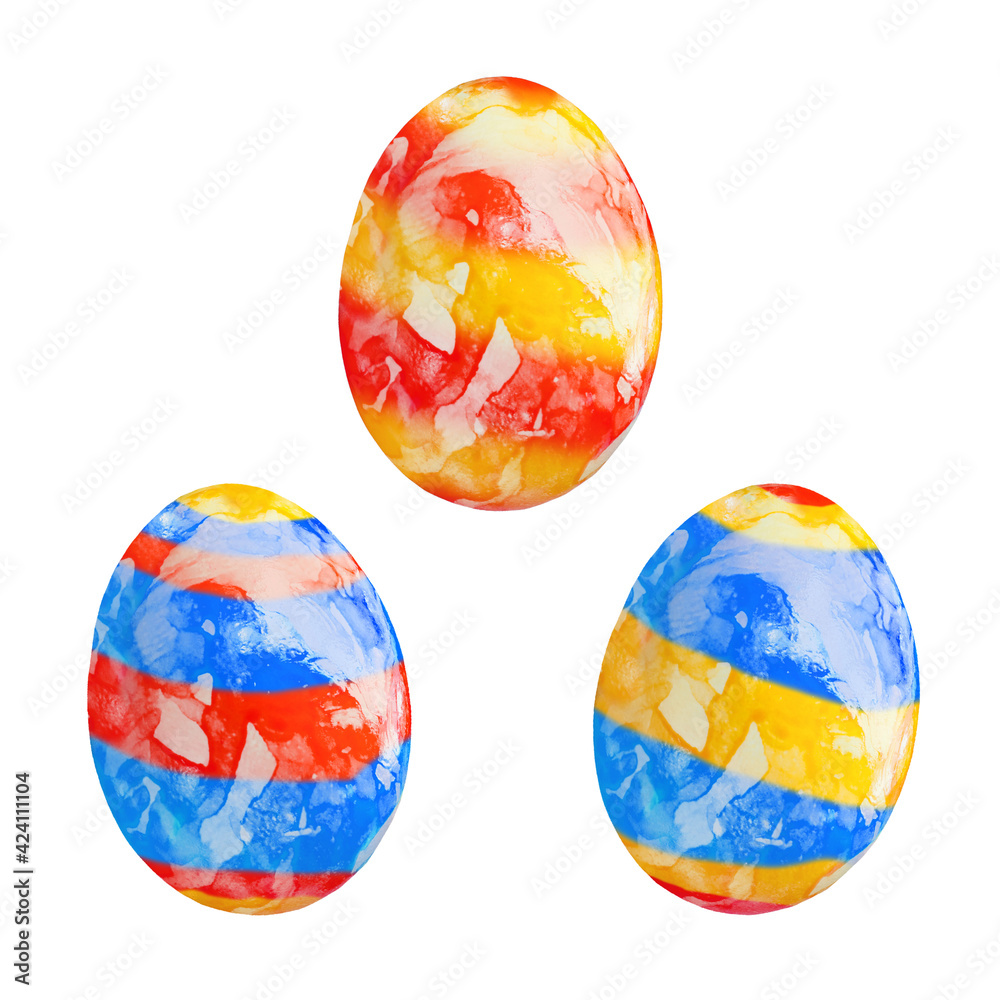 Three colored easter eggs, red, blue and yellow, isolated on white background Three colored easter eggs, red, blue and yellow, isolated on white background