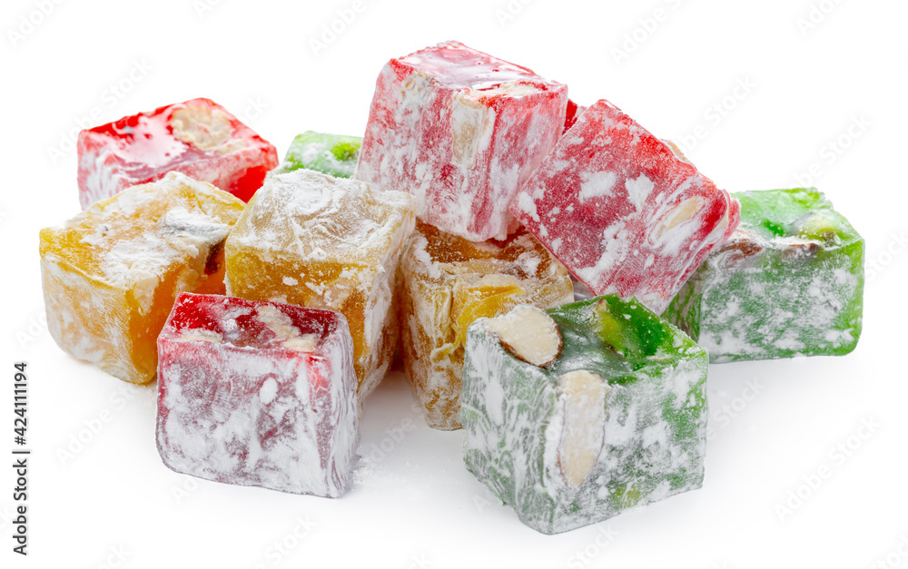 Bunch of colorful Turkish Delight sweets isolated on white - obrazy, fototapety, plakaty 