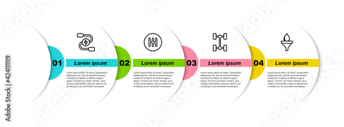 Set line Car battery jumper power cable, Gear shifter, Chassis car and Funnel and oil drop. Business infographic template. Vector