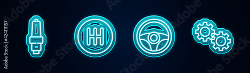 Set line Car spark plug, Gear shifter, Steering wheel and . Glowing neon icon. Vector