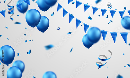 Celebration party banner Blue color balloons background. Sale Vector illustration. Grand Opening Card luxury greeting rich.