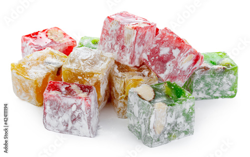 Bunch of colorful Turkish Delight sweets isolated on white photo