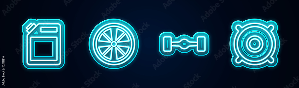 Set line Canister for gasoline, Alloy wheel, Chassis car and Car audio speaker. Glowing neon icon. Vector Set line Canister for gasoline, Alloy wheel, Chassis car and Car audio speaker. Glowing neon icon. Vector