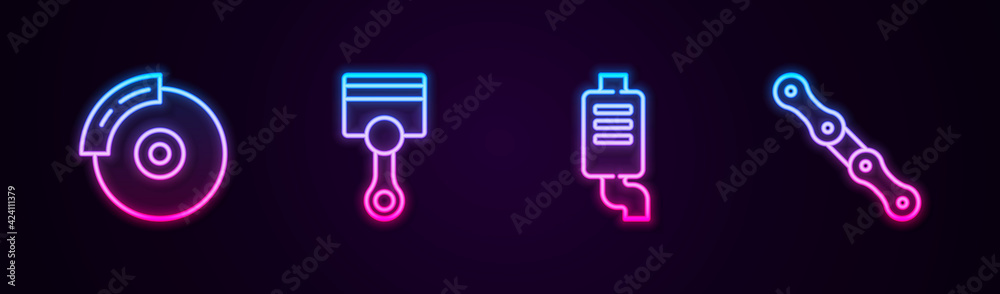 Set line Car brake disk with caliper, Engine piston, muffler and chain. Glowing neon icon. Vector Set line Car brake disk with caliper, Engine piston, muffler and chain. Glowing neon icon. Vector