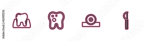 Set line Tooth, Otolaryngological head reflector, with caries and Dental floss icon. Vector