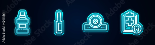 Set line Mouthwash bottle, Painkiller tablet, Otolaryngological head reflector and Dental card. Glowing neon icon. Vector