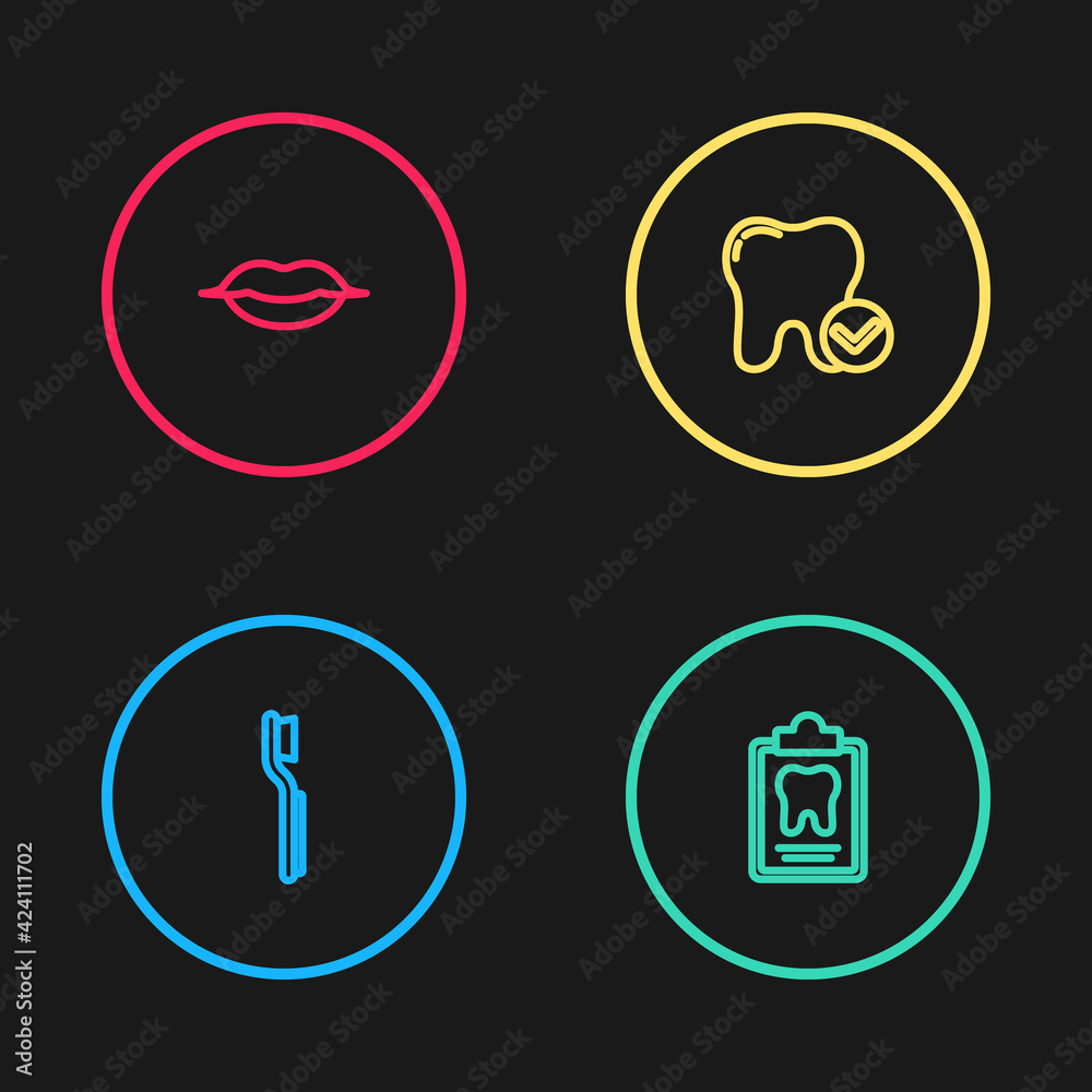 Set line Toothbrush, Dental card, whitening concept and Smiling lips icon. Vector
