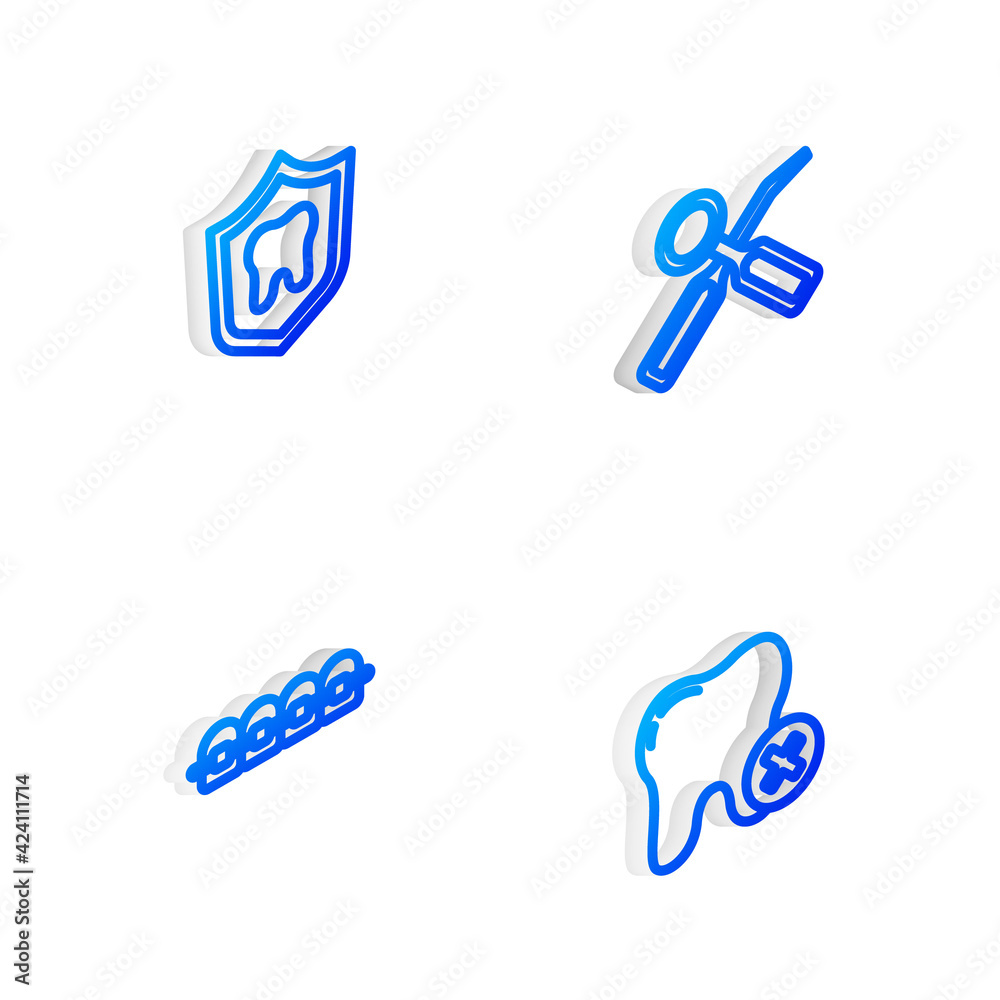 Set Isometric line Dental inspection mirror, protection, Teeth with braces and Tooth caries icon. Vector Set Isometric line Dental inspection mirror, protection, Teeth with braces and Tooth caries icon. Vector