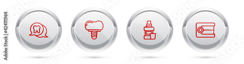 Set line Tooth, Dental implant, Mouthwash bottle and Dentures model. Silver circle button. Vector