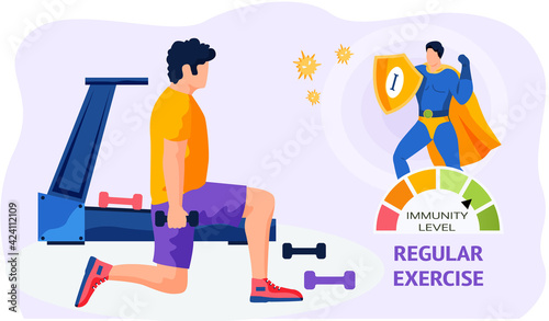 Man squatting with dumbbells. Superhero demonstrates high level of immunity. Guy doing sports