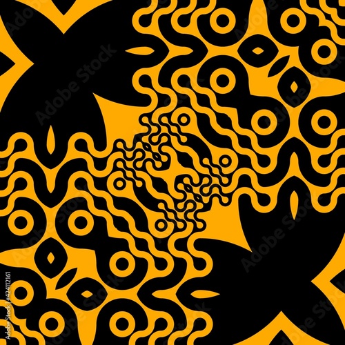 abstract curved connection shapes patterns and design in bright orange on a black background