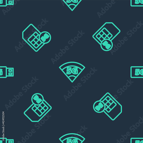 Set line 5G network, Sim Card and modem on seamless pattern. Vector