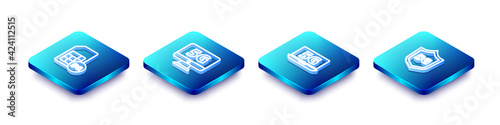 Set Isometric line 5G Sim Card, Monitor with network, Laptop and Protective shield icon. Vector
