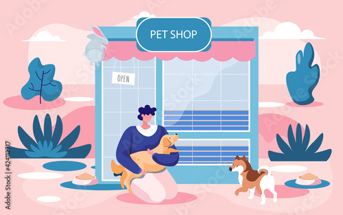Pet shop concept, awning with showcase, animal accessories store indoors flat vector illustration