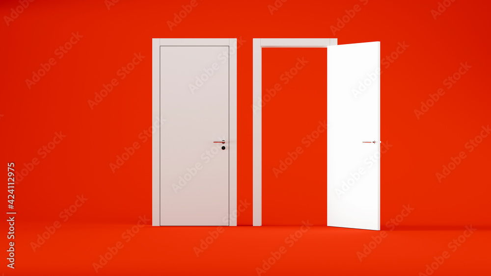 open and closed two white doors on a red background, metaphor of choice or path, 3d render open and closed two white doors on a red background, metaphor of choice or path, 3d render