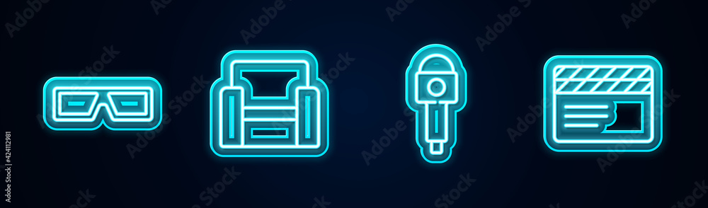 Set line 3D cinema glasses, Cinema chair, Microphone and Movie clapper. Glowing neon icon. Vector Set line 3D cinema glasses, Cinema chair, Microphone and Movie clapper. Glowing neon icon. Vector