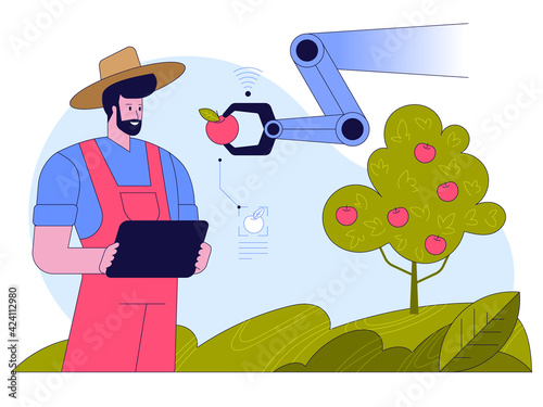 Smart farming concept. Farmer holds tablet, robotic hand harvests apples
