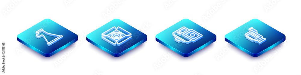 Set Isometric line Megaphone, Movie spotlight, Action extreme camera and Cinema icon. Vector Set Isometric line Megaphone, Movie spotlight, Action extreme camera and Cinema icon. Vector