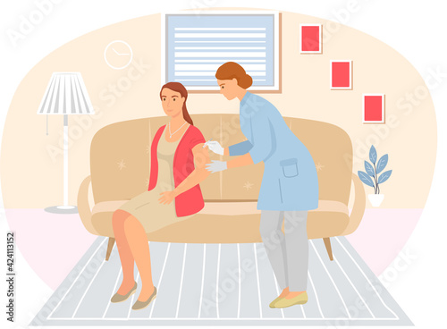 Doctor is making injection to patient in apartment. Disease treatment. Healthy lifestyle concept