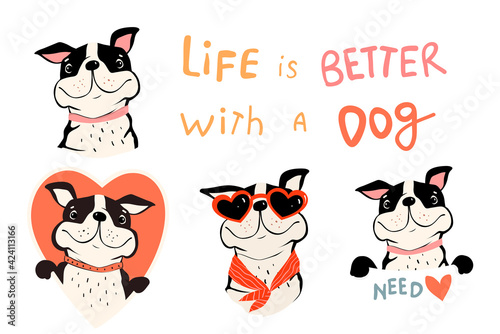Collection of cute dogs, french bulldog or pug with quote and holding sign. Pet lovers symbols with Heart shapes. Fun Vector clipart in simple flat style for dog lovers.