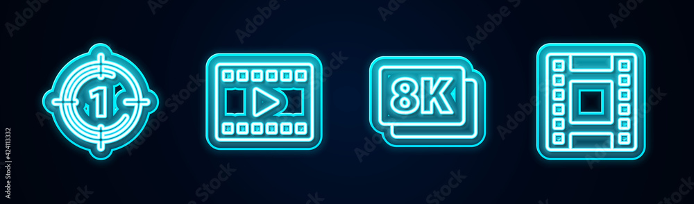 Set line Old film movie countdown frame, Play Video, 8k Ultra HD and . Glowing neon icon. Vector Set line Old film movie countdown frame, Play Video, 8k Ultra HD and . Glowing neon icon. Vector